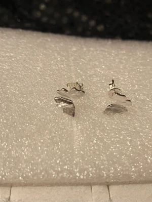 925 Silverpläterad ( stämplad ) Fjäril örhängen - Säljer ett par stilrena örhängen i Silverpläterad med unik  design. Örhängena har en matt och borstad yta som ger en modern känsla. Perfekta för dig som gillar minimalistiska accessoarer med en twist. Finns ringar i samma stil kvar 75kr/st 