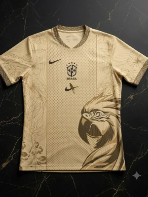 Beige Brasil Nike fotbollströja - Snygg beige fotbollströja från Nike med Brasil-logga och svart papegojmotiv framtill. Tröjan har blommönster, korta ärmar och detaljerade muddar i brunt och vitt. Perfekt för dig som vill sticka ut på planen eller på läktaren.