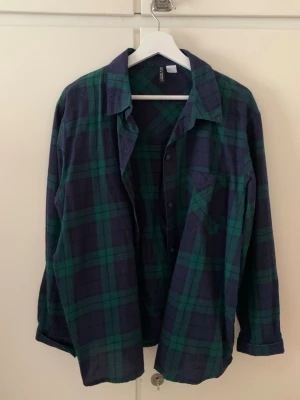 Grönblå rutig skjorta från H&M Divided - Säljer en grön och mörkblå rutig skjorta från H&M Divided i storlek M. Skjortan har klassisk krage, knappstängning framtill och en bröstficka. Tillverkad i mjukt bomullstyg, perfekt för en avslappnad och trendig look.