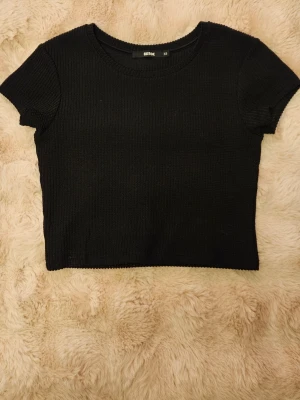 Svart ribbad croppad topp BikBok - Säljer en svart ribbad croppad topp från BikBok i storlek XS. Toppen har rund halsringning och korta ärmar, tillverkad i ett mjukt och stretchigt material som sitter snyggt och bekvämt. Perfekt till jeans eller kjol.