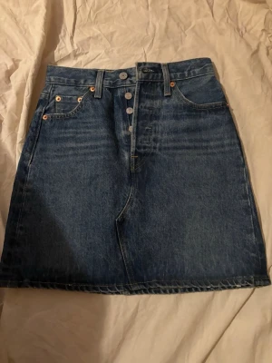 Blå jeanskjol från Levi's Premium - Säljer en klassisk blå jeanskjol från Levi's Premium med knappgylf och femficksmodell. Kjolen har en rak passform och är tillverkad i slitstarkt denimtyg. Använd 1gång