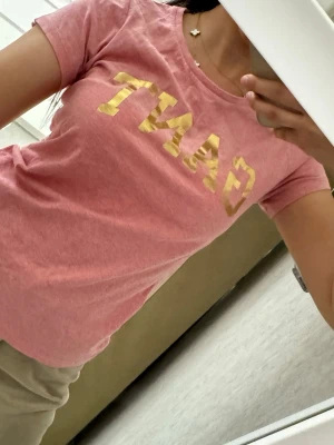 Rosa GANT t-shirt med gulddetalj - Snygg rosa t-shirt från GANT med guldfärgad logga på bröstet. T-shirten har rund halsringning och korta ärmar. Perfekt för dig som gillar klassisk men trendig stil.