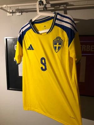 Sverige matchtröja Isak nr 9 Adidas - Gul och blå Sverige matchtröja från Adidas med nummer 9 och namnet Isak på ryggen. Tröjan har blå detaljer på axlarna, officiellt landslagsmärke på bröstet och FIFA-märke på ärmen. Tillverkad i lätt och ventilerande Climalite-material.