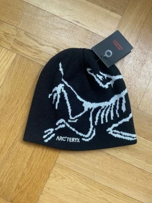 Svart mössa från Arc'teryx - Säljer en svart mössa från Arc'teryx med ett stort vitt dinosaurie-skelettmönster och broderad logga framtill. Mössan är tillverkad i mjukt material och har en klassisk, tight passform. Perfekt för kalla dagar och outdoor-äventyr.