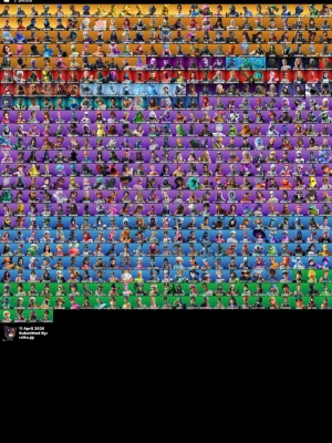 Fortnite skins och backblings samling - Stor samling av Fortnite skins och backblings, med massor av olika färger, stilar och teman. Perfekt för dig som vill ha variation i spelet och visa upp unika outfits. Bilderna visar mängder av karaktärer och tillbehör från Fortnite-universumet.