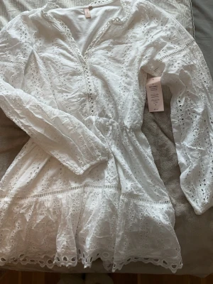 Vit broderad kortklänning från Nelly  - Superfin vit kortklänning från Nelly med  spetsdetaljer och v-ringning. Klänningen har långa ärmar, markerad midja och volangkant nedtill. Perfekt till student eller liknande. Aldrig använt och prislappen är kvar. 
