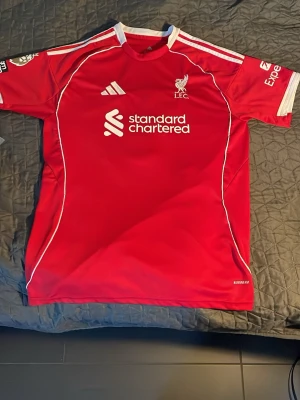 Liverpool matchtröja röd Adidas - Röd Liverpool FC matchtröja från Adidas med vita detaljer. Den är en XL men passar L också för att det är slim fit. Jätte bra för sommaren träning eller bara casual wear. Helt ny aldrig använda med lapparna 