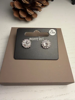 Glittriga örhängen från Montini - Säljer ett par glittriga örhängen från Montini med rund form. Örhängena har en stor klar sten i mitten omgiven av mindre gnistrande stenar som ger en lyxig känsla. Perfekta för dig som gillar att sticka ut med dina accessoarer.