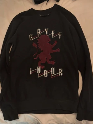 Svart Gryffindor sweatshirt Harry Potter - Cool svart sweatshirt med Gryffindor-lejon och texten 'Gryffindor' i vitt och rött på framsidan. Tröjan har rund hals och långa ärmar. Perfekt för dig som älskar Harry Potter och vill visa vilket elevhem du tillhör. I storlek XS.