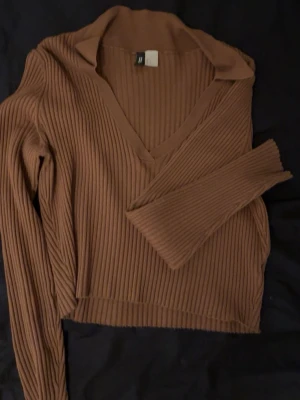 Brun ribbad croppad topp H&M - Säljer en brun croppad topp från H&M med ribbad struktur och v-ringning. Toppen har långa ärmar och en snygg krage som ger en trendig look. Perfekt att matcha med höga byxor eller kjol för en chill outfit.
