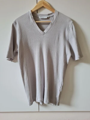 Ljusgrå ribbad v-ringad topp från Lindex strl 46/48 - Snygg ljusgrå ribbad topp från Lindex med v-ringning och korta ärmar. Materialet är mjukt och stretchigt för extra komfort. Material 97% bomull, 3% elastan. Storlek 46/48. Finns ett litet obetydande hål, se sista bilden.