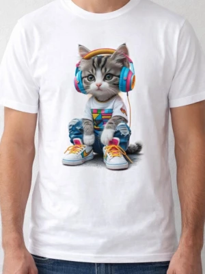 Vit t-shirt med kattmotiv och hörlurar - Vit t-shirt med tryck av en söt kattunge i färgglada hörlurar, sneakers och jeans. Motivet är lekfullt och färgstarkt, perfekt för dig som gillar coola och unika prints. T-shirten har klassisk passform och rund hals.