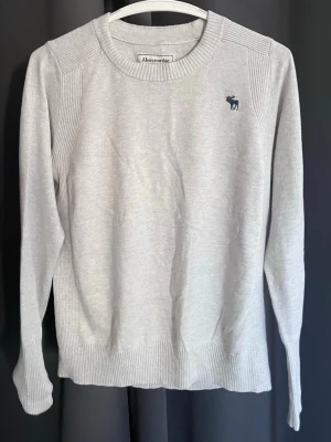 Ljusgrå tröja från Abercrombie & Fitch - Ljusgrå långärmad tröja från Abercrombie med rund halsringning och diskret mörkblå logga broderad på bröstet. Tröjan har ribbade muddar och detaljer längs sidorna och axlarna. Perfekt för en clean och stilren look.