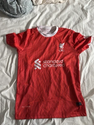 Liverpool matchtröja M. Salah #11 - Röd Liverpool FC matchtröja från Nike med vitt tryck, klubbmärke och sponsorlogga på bröstet. På ryggen står det M. Salah och nummer 11. Tröjan har vita detaljer vid kragen och är tillverkad i ett lätt, andningsbart material.