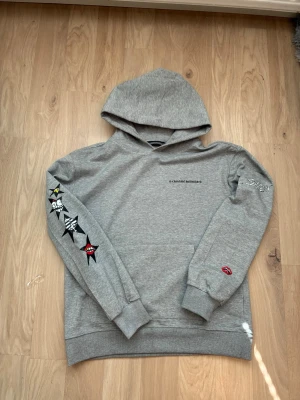 Grå hoodie från Chrome Hearts - Snygg grå hoodie från Chrome Hearts med tryck på bröstet och coola broderade stjärnor i olika färger längs ena ärmen. Hoodien har huva och ribbade muddar. Perfekt för dig som gillar streetwear och vill sticka ut lite extra. I cut off the tags but if you want them whit the hoodie i can give them