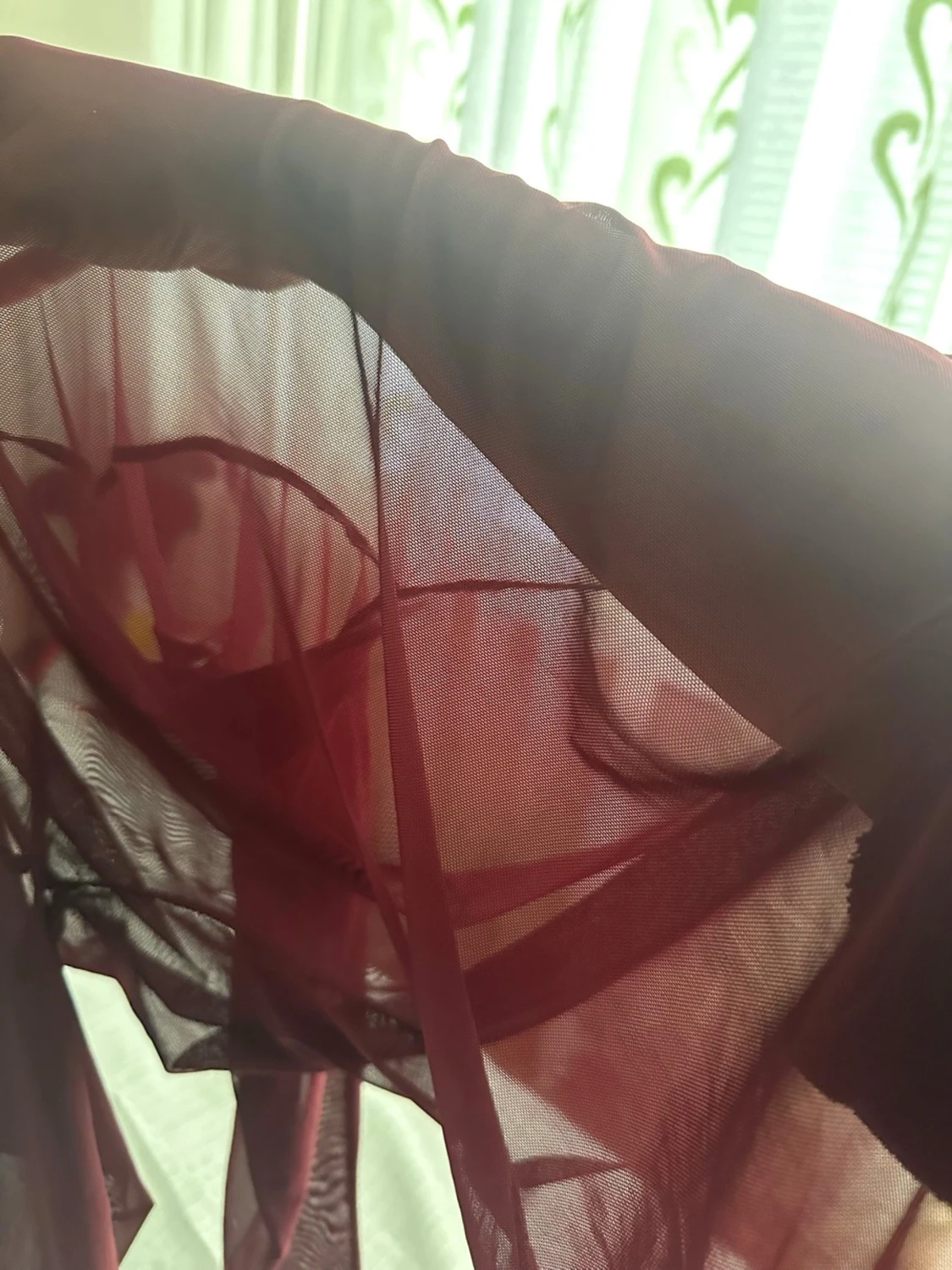 Vinröd mesh topp med lång ärm S  - 5
