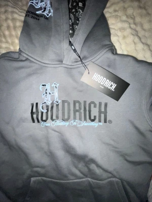 Grå hoodie från Hoodrich med tryck - Säljer en grå hoodie från Hoodrich med stort svart och blått tryck på bröstet och detaljer på huvan. Hoodien har en klassisk känguruficka och huva med mönstrat foder. Perfekt för dig som gillar streetwear och vill ha något snyggt och bekvämt.