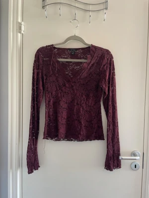 Vinröd spetsblus med v-ringning - Vinröd långärmad topp från H&M i transparent spetsmaterial med blommigt mönster. V-ringad framtill och figurnära passform. Perfekt för att skapa en cool och trendig look med lager-på-lager eller över ett linne.