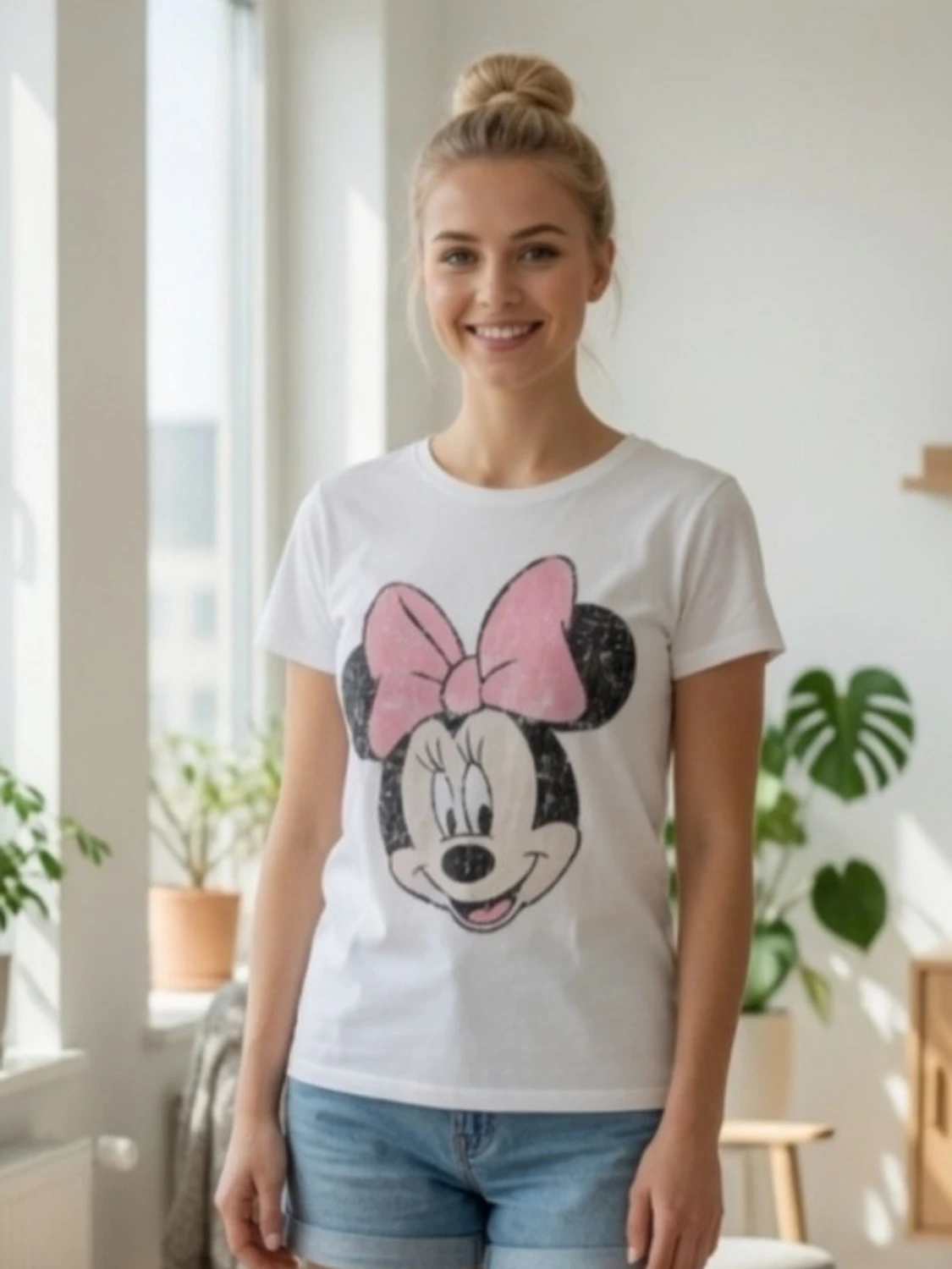 Vit topp med medvetet slitet Minnie Mouse tryck. Strlk: 34, XS. Lite defekt.