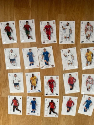 Samling fotbollskort Panini och topps - Stor samling fotbollskort från Panini med spelare från olika landslag. Korten har färgstarka designer och visar spelare i matchställ, vissa med specialeffekter som 'Hero', 'Ultimate' och 'Golden Goalscorer'. Perfekt för dig som gillar att samla på fotboll eller vill byta med vänner.
