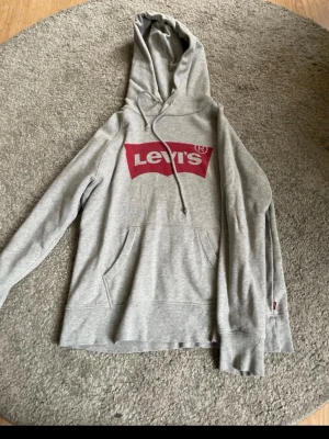 Grå Levi's hoodie med logga - Snygg grå hoodie från Levi's med klassisk röd logga på bröstet. Tröjan har huva med dragsko och en stor magficka framtill. Tillverkad i mjukt bomullsmaterial och har långa ärmar med ribbade muddar. Perfekt för en avslappnad och trendig stil. Storlek xs men skulle säga mer s 