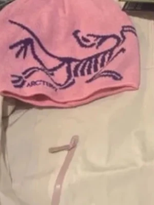 Rosa mössa från Arc'teryx - Säljer en rosa mössa från Arc'teryx med ett stort lila dinosaurie- eller fossiltryck på framsidan. Mössan är mjuk och har en klassisk passform som sitter skönt på huvudet. Perfekt för dig som gillar streetwear och vill sticka ut lite extra.