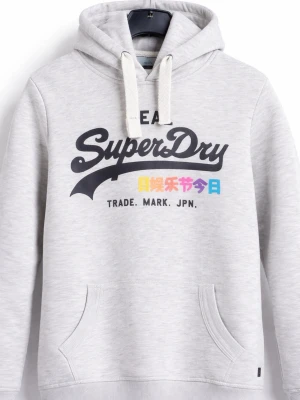 Ljusgrå hoodie från Superdry - Snygg ljusgrå hoodie från Superdry med stor logga och japansk text framtill. Hoodien har en klassisk huva med vita dragsnören och en känguruficka. Tillverkad i mjukt material som passar perfekt för en avslappnad stil.