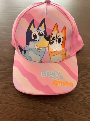 Rosa Bluey & Bingo keps - Cool rosa keps med motiv av Bluey och Bingo på framsidan. Kepsen har en böjd skärm med rosa och ljusrosa mönster samt texten 'Bluey & Bingo'. Justerbar baktill och tillverkad i bomull. Perfekt för dig som gillar tecknade figurer.