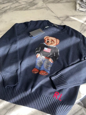 Stickad tröja med en björn, Barn storlek  - Aldrig använd, stickad tröja för barn. Midjemått 45cm, Längd 58cm och Ärmlängd 57. Skriv privat vid frågor, priset kan diskuteras 