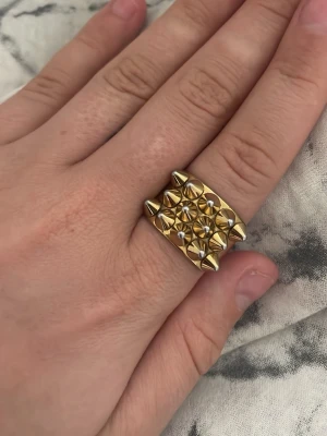 Edblad peak ring  - Cool ring i guldtonad metall med fyrkantig front och flera små nitar som sticker ut. Ringen har en bred design och ger ett edgy intryck, perfekt för dig som gillar statement-smycken. Ingen synlig märkning.