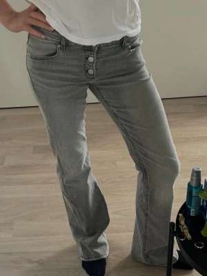 Grå bootcut jeans med låg midja - Säljer dessa snygga utsvängda jeans med låg midja. Jeansen har tre synliga knappar i gylfen och klassiska fem fickor. Materialet är denim i bomull och passformen är avslappnad men ändå snyggt figurnära. Kommer från Gina Young och är i storlek 164 men passar mig som har S. Använd fåtal gånger!