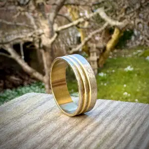 En ring i silver/guld färg som passar perfekt till formella såväl som vardagliga sammanhang. Simpel, stilren och billig. Storlek: 20  Priser: 1 ring: 40kr 2 ringar: 65kr 3 ringar: 80kr