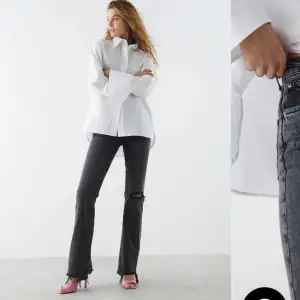 Jätte fina flare jeans från ginatricot! Finns inga defekter, förutom att det är LITE slitna ner till benen🙌🏻 Säljer då dem är lite förstora🙃 