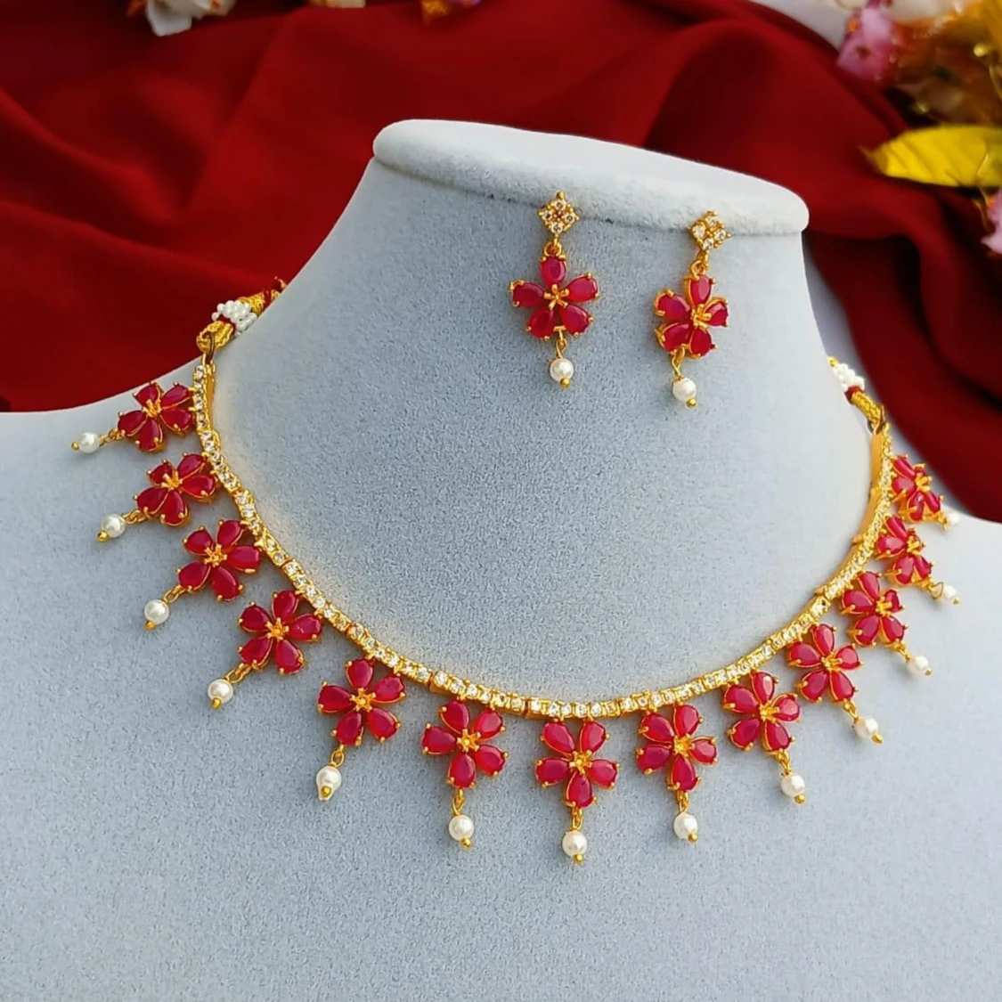 Beautiful Flower Design Stone Necklace with Earrings  - 90