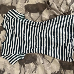 Randig T-shirt  - Figurnära randig T-shirt i vitt och mörkt marinblått, nästan svart. Ganska använd.