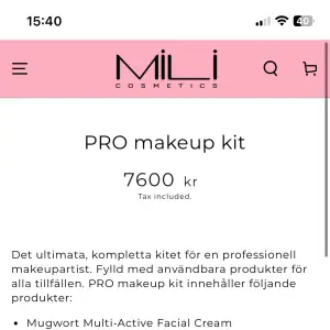MUA-kit från Mili Cosmetics, nytt märke som ägs utav grundaren av Makeup Store. Nypriset på kitet är 7600kr, säljer för 650kr då jag behöver bli av med kitet snabbt pågrund av flytt. 