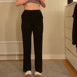 Höjmidjade kostymbyxor från H&M st 34 - Säljer dessa då dom är för tajta runt midjan, dom är en storlek 34 och är bra längdmässigt för mig som är 170. De finns en liten ”fläck” på framsidan av byxan från nagellim men inget som syns på långt håll. 