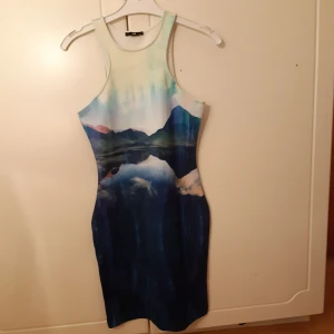 Natur-klänning - En klänning med natur-motiv. Gott secondhand-skick! Storlekslappen är bortklippt men tippar på att den sitter bäst på en 38a, kanske även en S. Priset är exklusive frakt, kan både mötas upp i Göteborg och skicka. Obs katt finns i hemmet!
