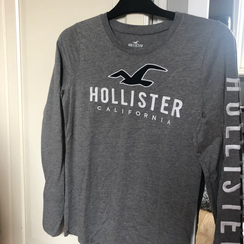 Grå tröja från Hollister i storlek Small. Normal i storleken. Hollister märke på framsida och längs vänster arm. Aldrig använd, lappen sitter kvar.. Tröjor & Koftor.