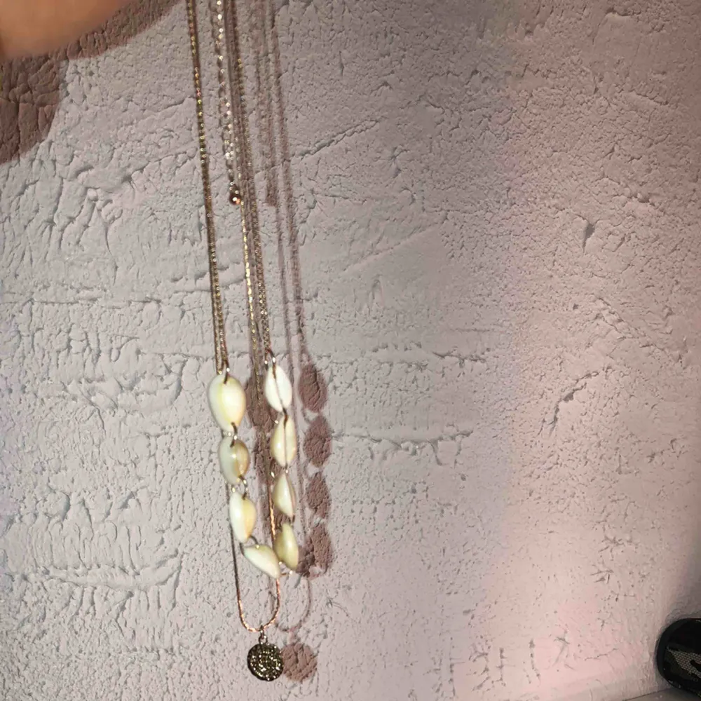 Säljer detta halsband som jag köpte i somras! Det är ett Snäck halsband med en guldkedja som sitter ihop!🥰. Accessoarer.