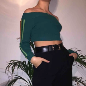  - Mjuk rivbad, långärmad crop-top köpt på UO. Har en grön färg med blåaktig nyans i vissa ljus. Regnbågsfärger på ärmar.