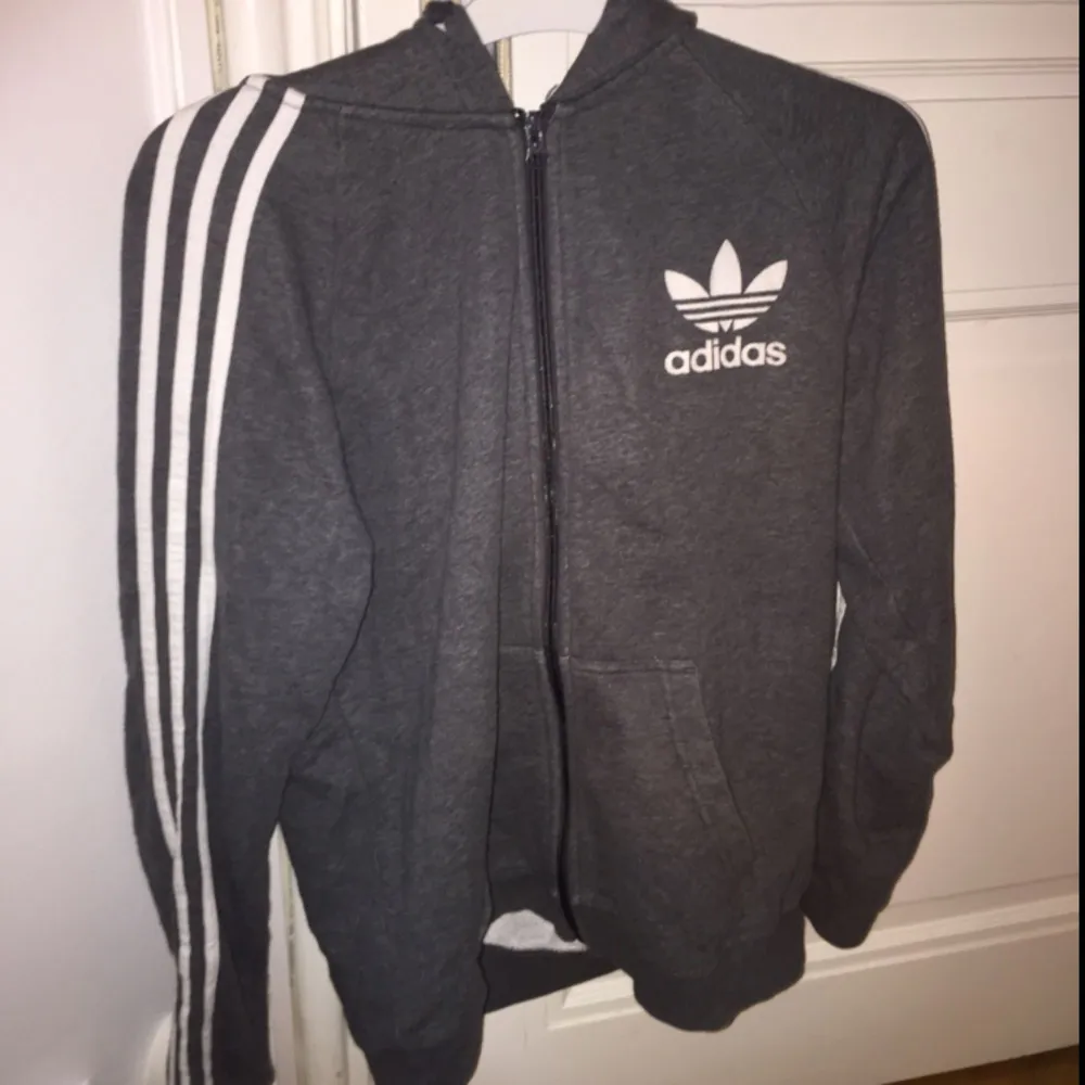 En grå Adidas jacka unisex strl s/m. Nästan oanvänd använd ca 3-5 gånger. Original (äkta från Adidas butiken i mall of Scandinavia). Hoodies.