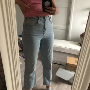 Zara jeans ljusblå - Jättefina jeans från Zara, vida ben, och superfin rosa detalj därbak. Sitter såhär på mig som är 171, säljer pga inte riktigt min stil. Köpta för typ ett år sedan, storlek 36 men passar mig som är 36/38.  frakt tillkommer ☺️