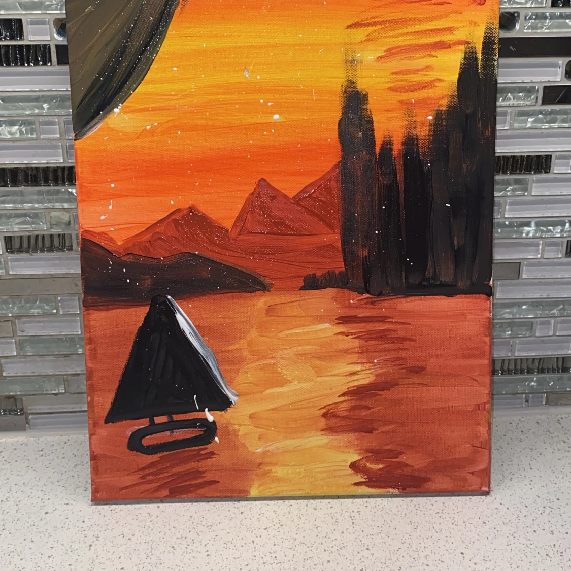 Målning av solnedgång över sjö - 90