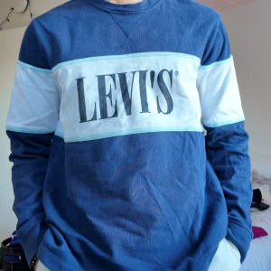 Blå långärmad tröja från Levi's - Säljer en snygg blå långärmad tröja från Levi's med ett stort tryck över bröstet. Tröjan har en liten fläck mellan L och E och på baksidan
