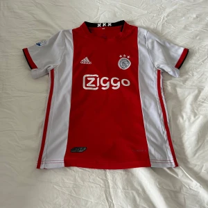 Röd och vit Ajax fotbollströja - Säljer en snygg Ajax fotbollströja från Adidas i rött och vitt. Tröjan har korta ärmar och klubbens emblem på bröstet. Perfekt för alla Ajax-fans! Hittade inte rätt storlekskategori men skulle säga att den är bra för dig som kanske är 150-155