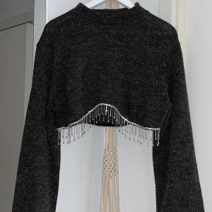 Mörkgrå croppad tröja med pärlor - Säljer en superfin mörkgrå croppad tröja med långa ärmar. Den har en unik design med pärlor som hänger längs nederkanten, vilket ger en extra touch av stil. Perfekt för både vardag och fest! 🖤