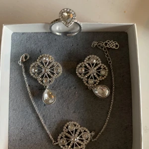 Lily and Rose Elegant smyckeset i silver - Säljer ett vackert smyckeset i silver som inkluderar ett par örhängen, ett halsband och en justerbar ring. Designen har gnistrande stenar och ett intrikat mönster som ger en lyxig känsla. Perfekt för speciella tillfällen.