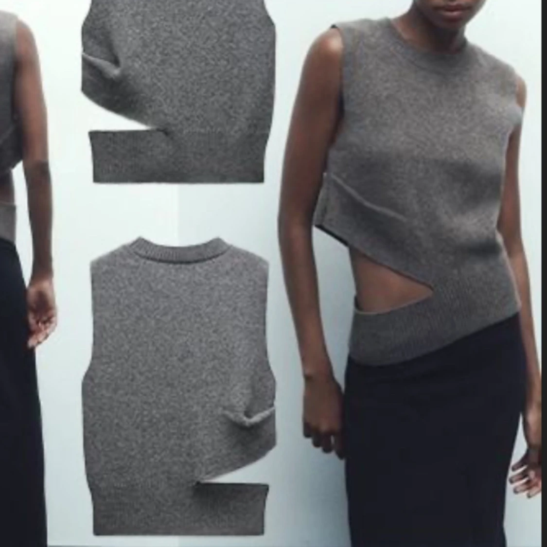 Stickad grå ärmlös topp med asymmetrisk design - 3