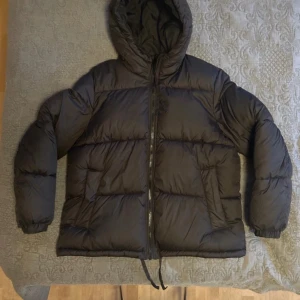 Trendig jacka  - Säljer en svart pufferjacka med huva. Jackan har en dragkedja framtill och är perfekt för kyliga dagar. Den är långärmad och har en bekväm passform. Storlek M, finns någon liten defekt samt att sminkfläck finns vid halsen men borde gå bort i tvätten. Hör av dig vid intresse❤️